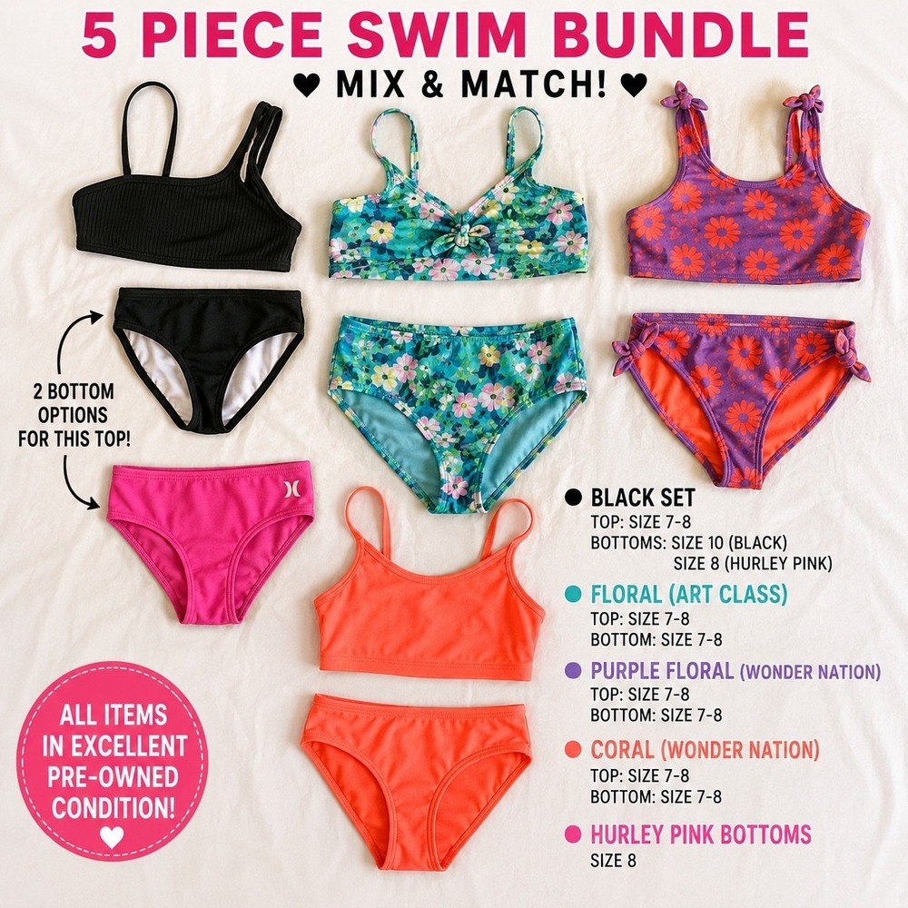 Girls Swimwear Bundle Wonder Nation Art Class Hurley Size 7-8, 10 Surf Camp
